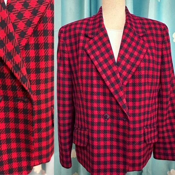 Vintage red and navy checked plaid double breasted blazer. 12 - Picture 2 of 16